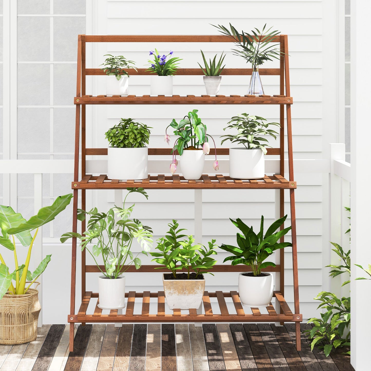 Estantería plegable de bambú de 3 niveles para plantas/flores/libros - Marrón
