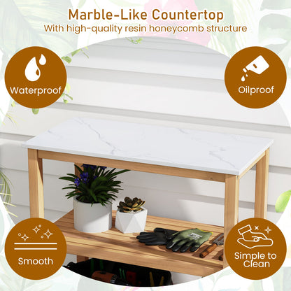 3-Tier Garden Potting Bench Table with Marble-Like Countertop