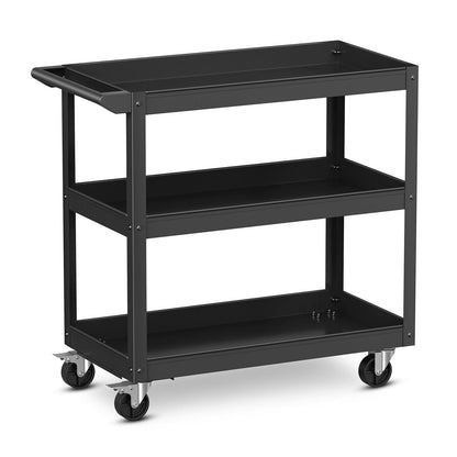 Carrito de herramientas con ruedas metálico de 3 niveles con asa plana y 2 ruedas universales con cierre - Negro