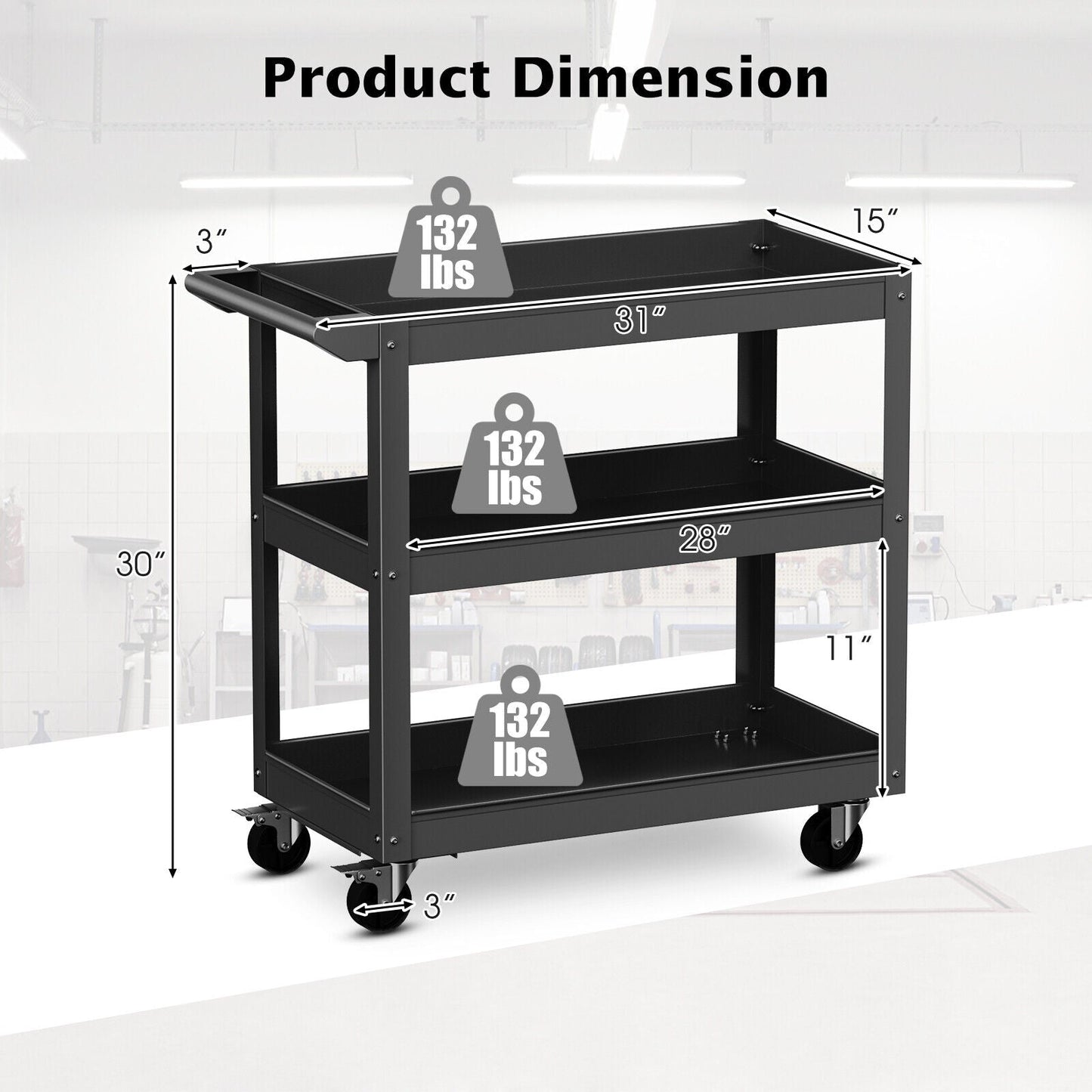 Carrito de herramientas con ruedas metálico de 3 niveles con asa plana y 2 ruedas universales con cierre - Negro