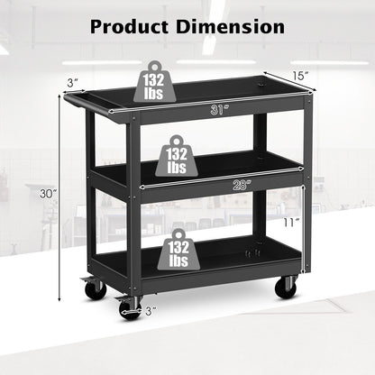 Carrito de herramientas con ruedas metálico de 3 niveles con asa plana y 2 ruedas universales con cierre - Negro