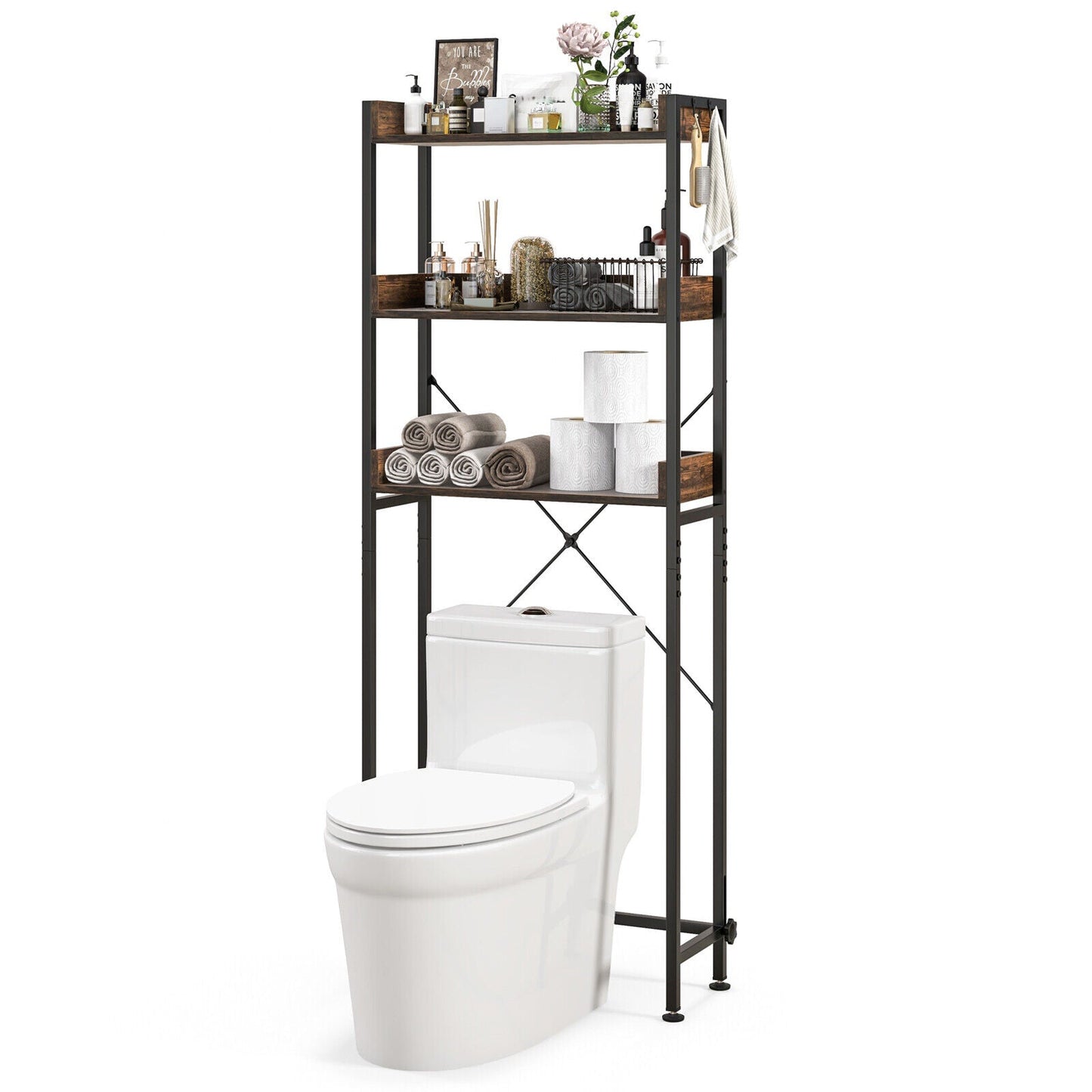 Estantería organizadora para inodoro con ganchos y barra inferior ajustable - Marrón rústico