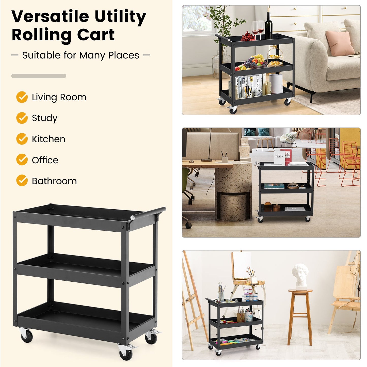 3-Tier Utility Cart Rolling Metal Cart with Handle and Universal Wheels