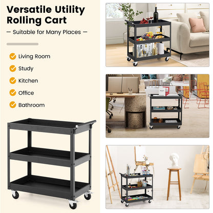 3-Tier Utility Cart Rolling Metal Cart with Handle and Universal Wheels