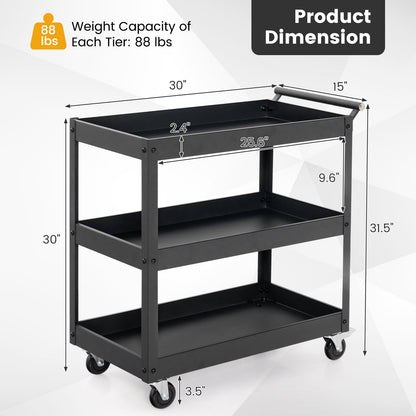 3-Tier Utility Cart Rolling Metal Cart with Handle and Universal Wheels