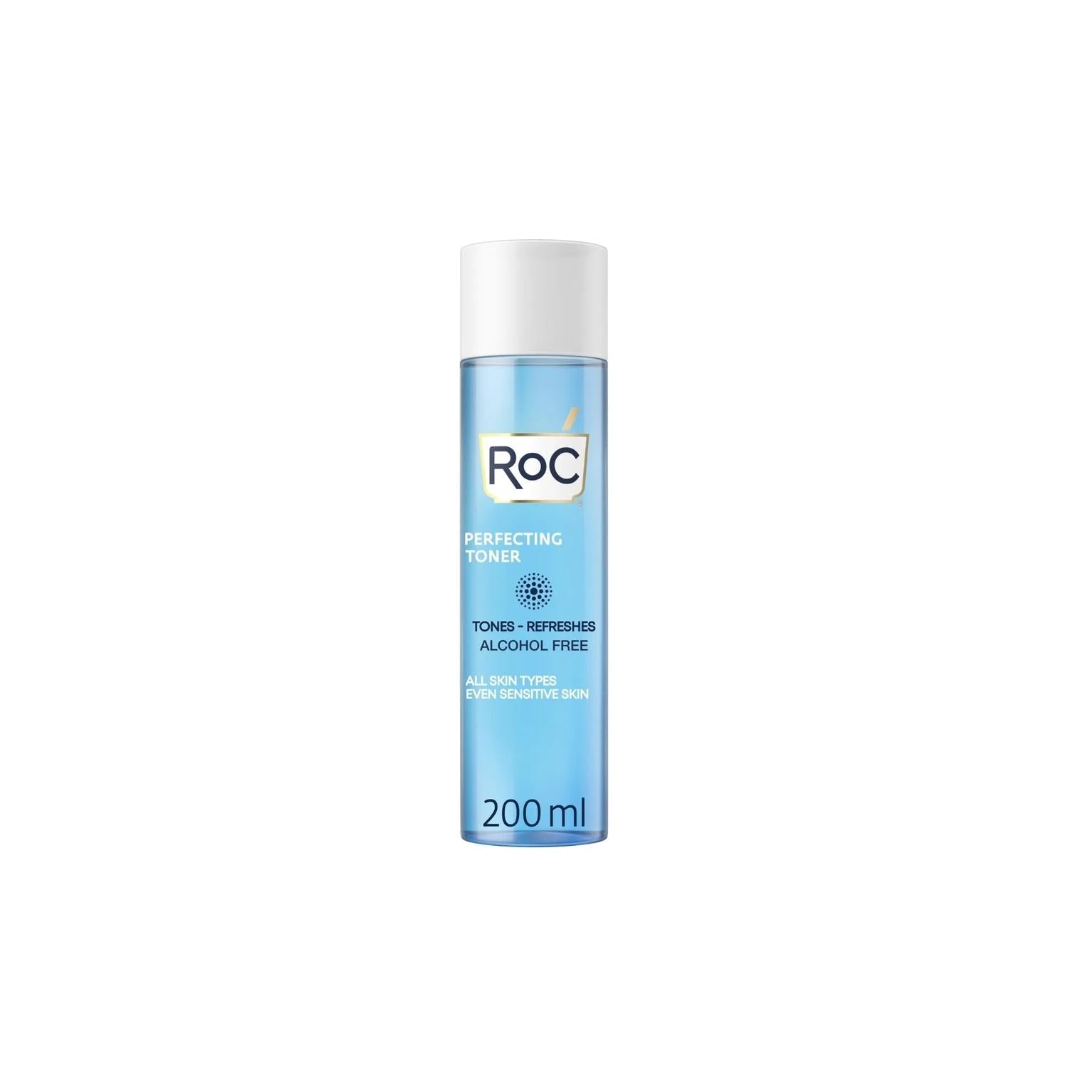 RoC Perfecting Toner bottle, 200 ml, blue liquid, white cap, for all skin types on Tampa Home & Garden Store