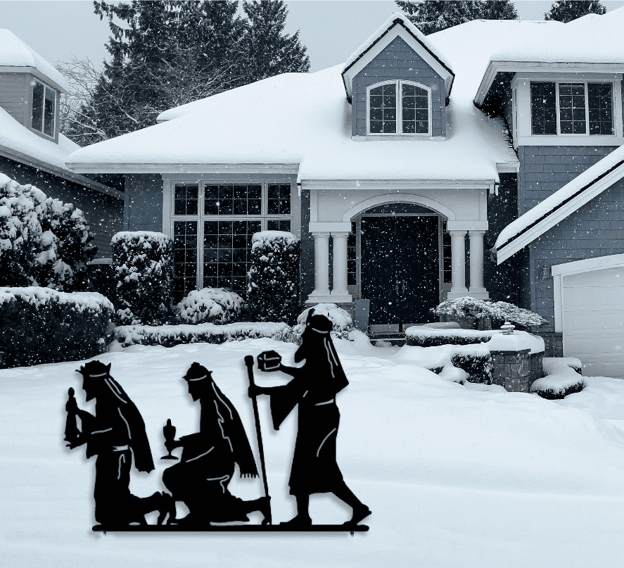 Three Wisemen outdoor Christmas decoration silhouettes in snowy yard, black Rustica Ornamentals on Tampa Home & Garden Store