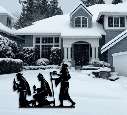 Three Wisemen outdoor Christmas decoration silhouettes in snowy yard, black Rustica Ornamentals on Tampa Home & Garden Store