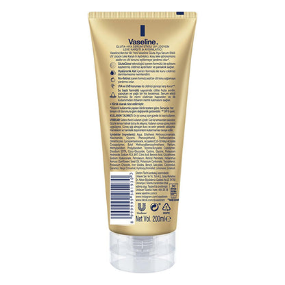 Vaseline Gluta-Hya Serum UV Protective Hydrating Body Lotion tube, gold packaging blue accents on Tampa Home & Garden Store