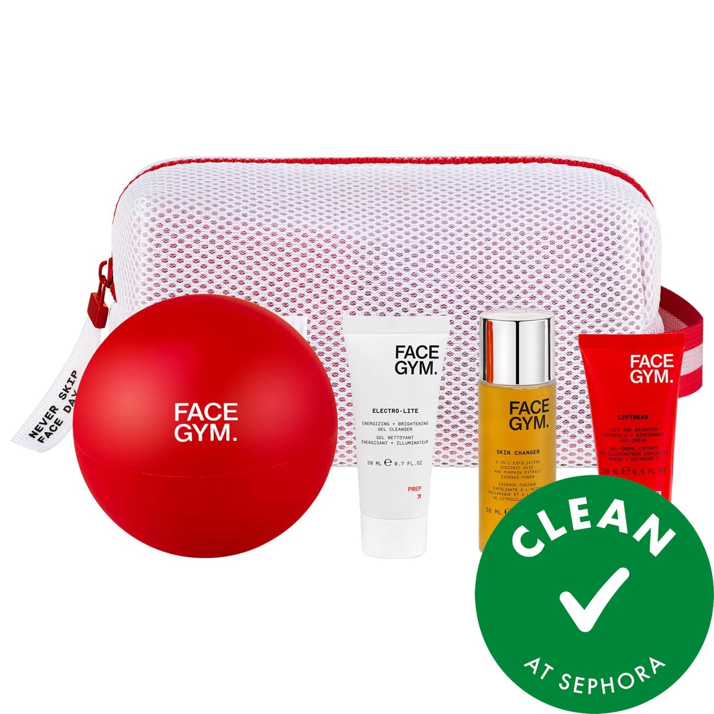 FaceGym Starter Kit in white mesh bag with red trim; cleanser, toner, moisturizer, face ball on Tampa Home & Garden Store