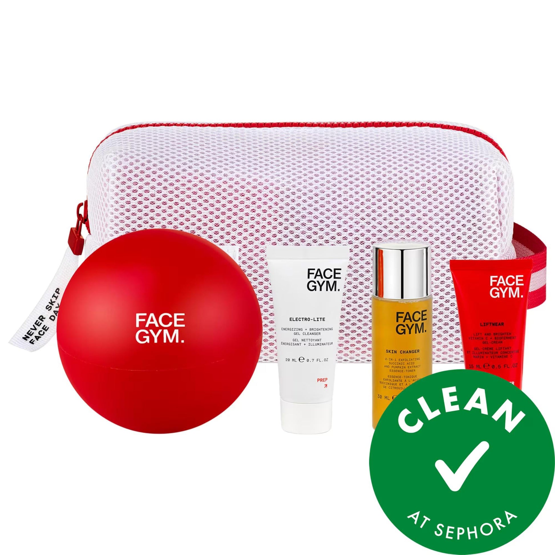 FaceGym Starter Kit in white mesh bag with red trim; cleanser, toner, moisturizer, face ball on Tampa Home & Garden Store
