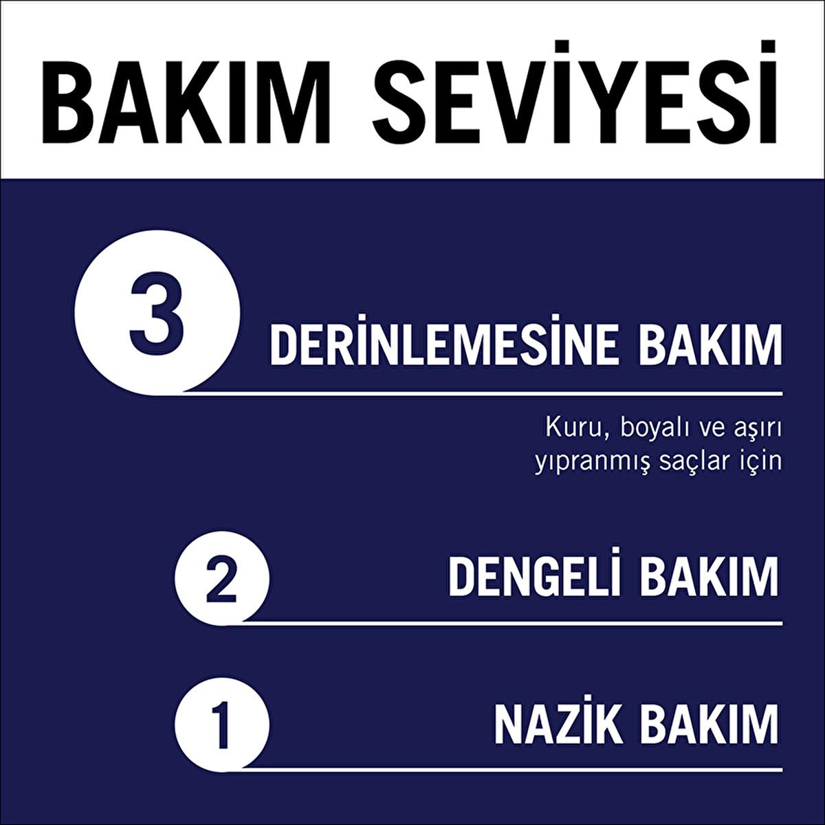 Hair care level infographic on navy background showing 3 Derinlemesine Bakım, 2 Dengeli Bakım, 1 Nazik Bakım on Tampa Home & Garden Store