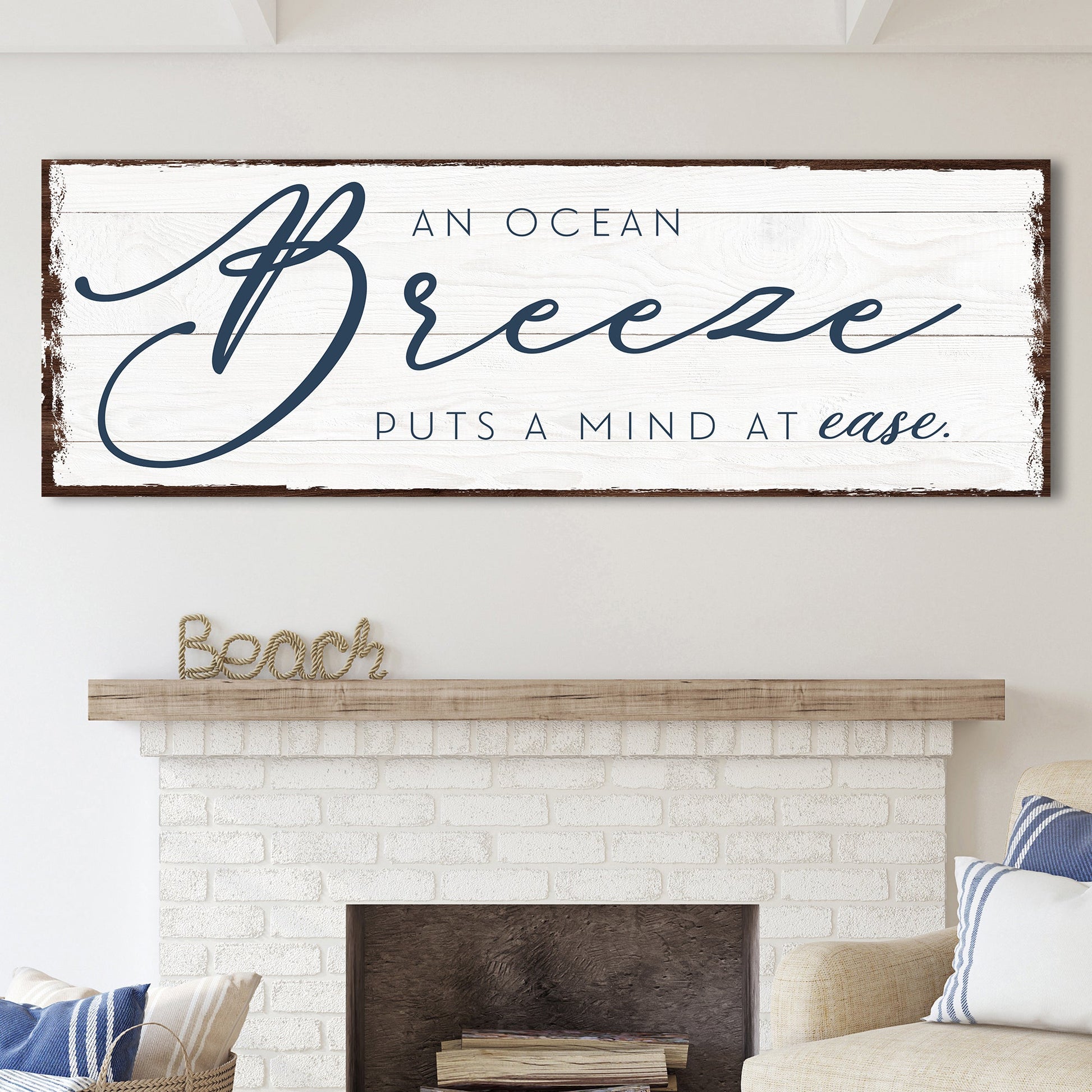 Tailored Canvases canvas sign reading An Ocean Breeze Puts A Mind At Ease in navy script on Tampa Home & Garden Store