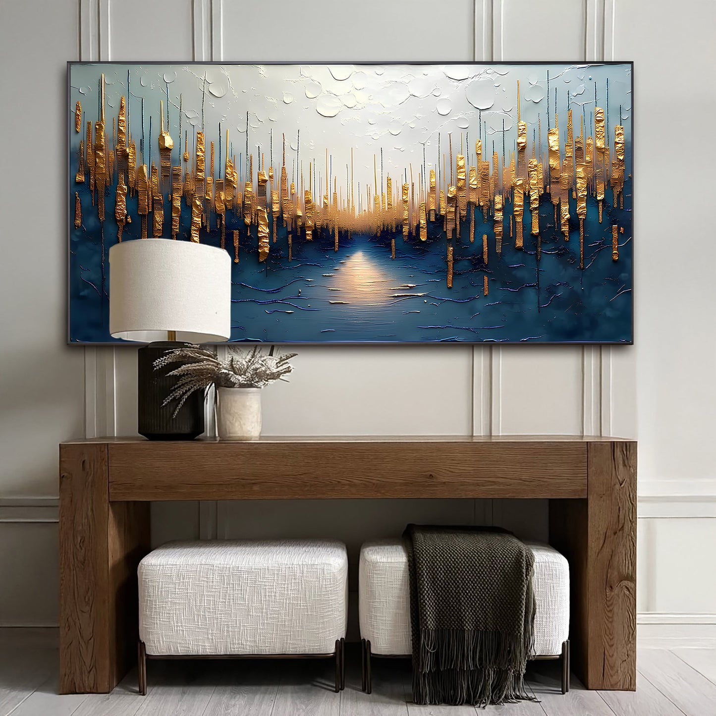 Golden Forest Reflection canvas by Tailored Canvases with gold foil skyline on blue on Tampa Home & Garden Store