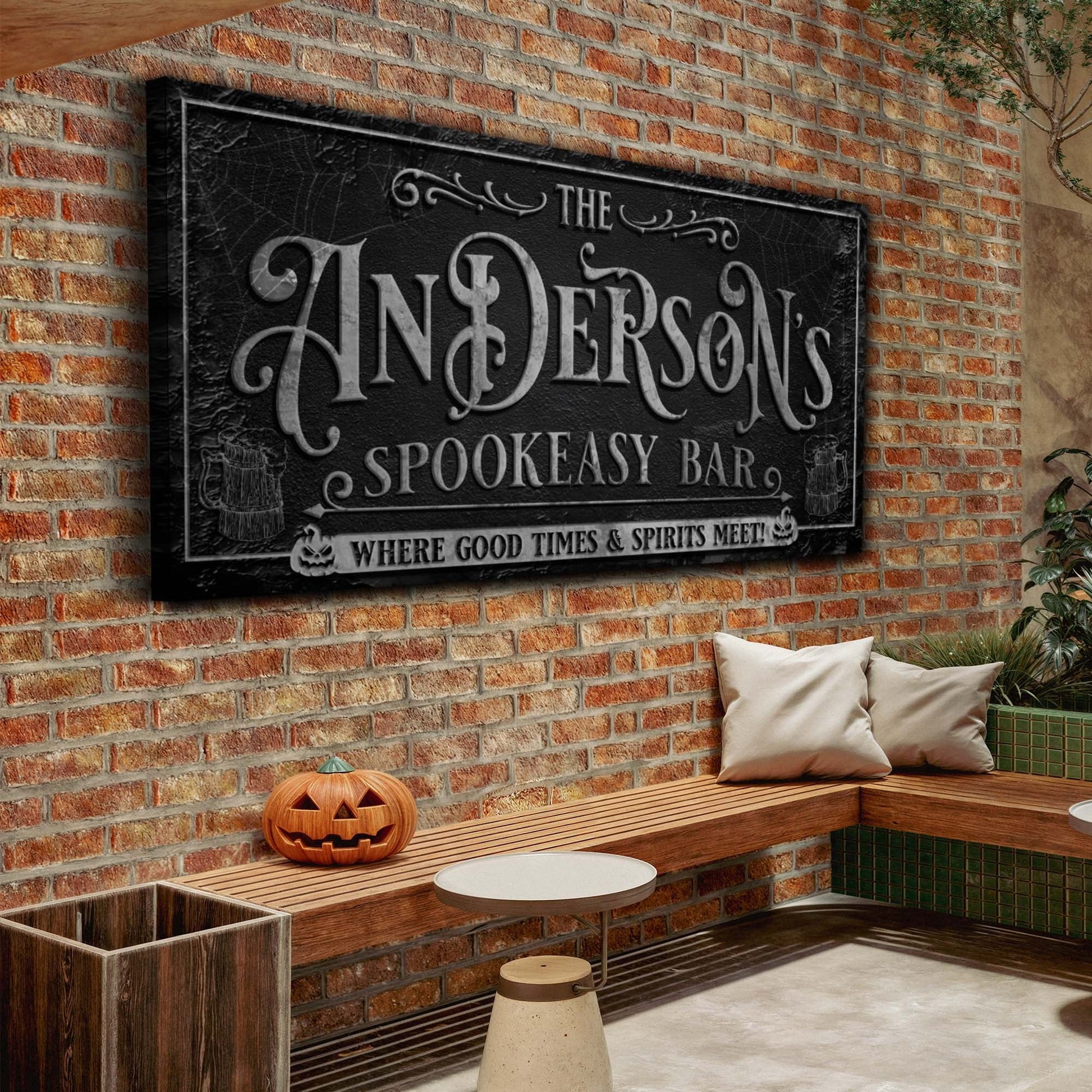 Personalized Spookeasy Bar Sign canvas by Tailored Canvases, black with silver lettering on brick wall on Tampa Home & Garden Store