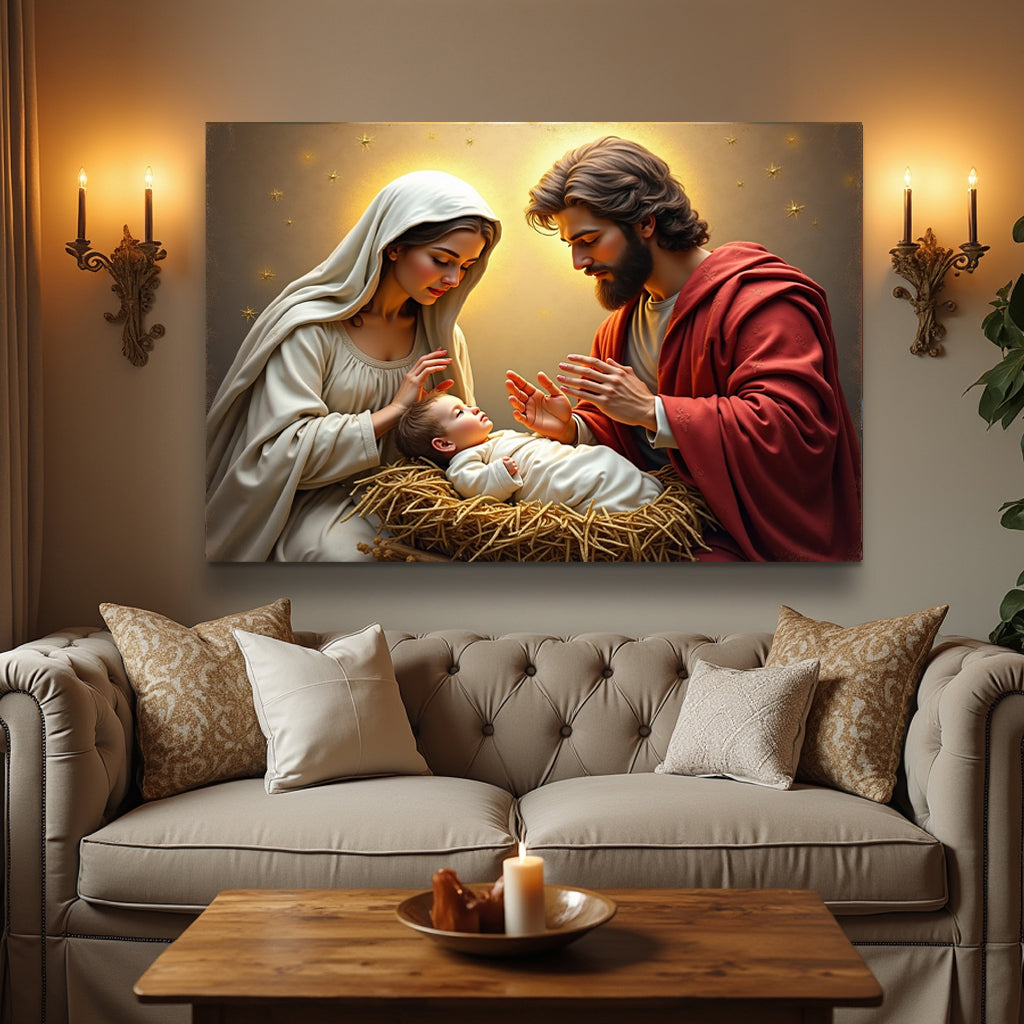 3D Faith Wall Art VI canvas by Tailored Canvases Mary and Joseph with baby Jesus in a manger on Tampa Home & Garden Store