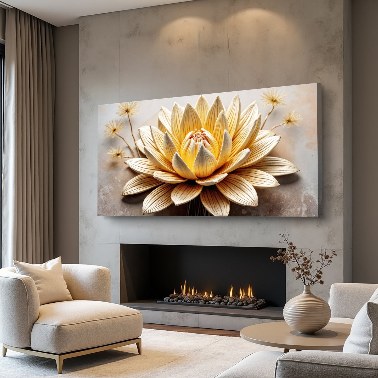 Golden Lotus Minimalist Abstract Wall Art II canvas by Tailored Canvases, gold-toned floral artwork above the fireplace on Tampa Home & Garden Store