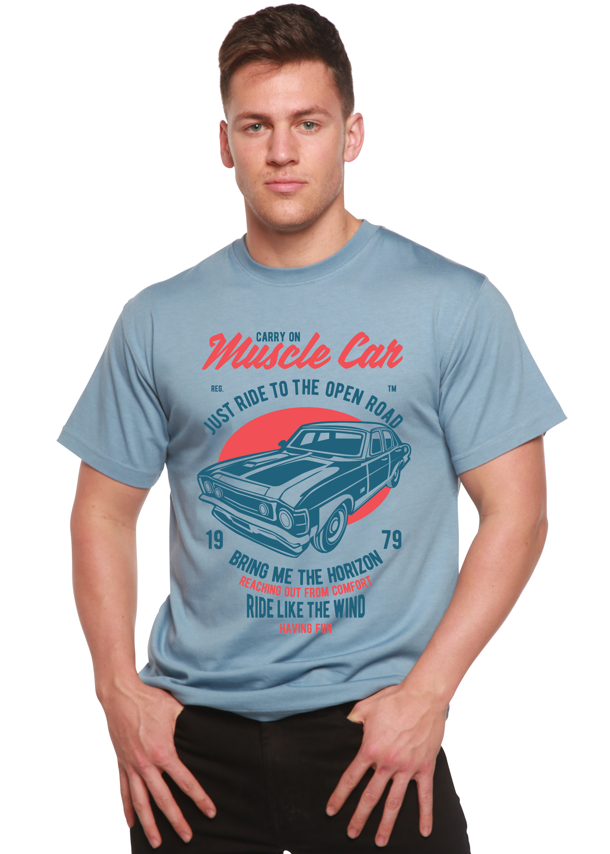 Muscle Car graphic men's short sleeve T-shirt in light blue with vintage car illustration on Tampa Home & Garden Store
