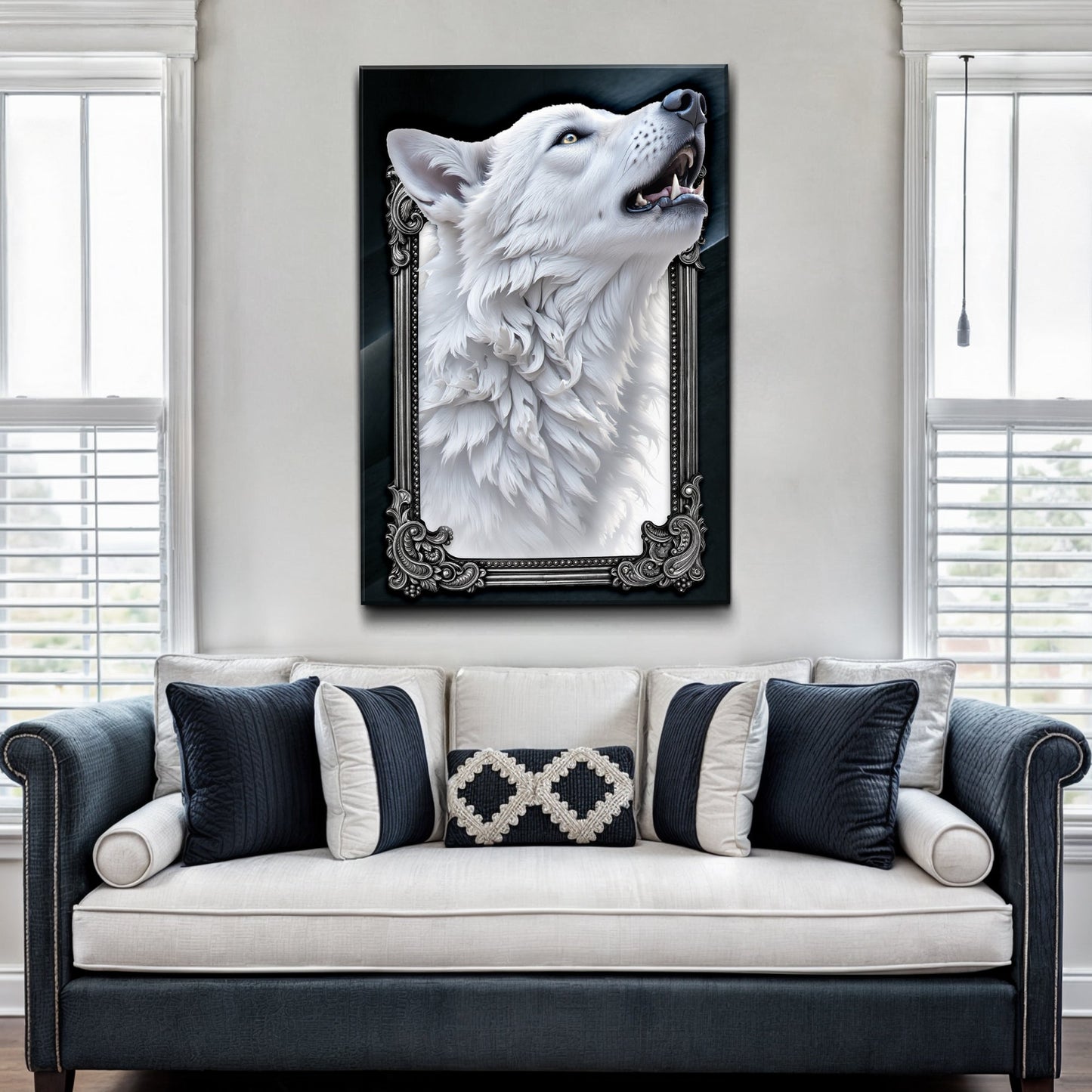 3D Wolf Wall Art III canvas by Tailored Canvases, white wolf with ornate black frame on Tampa Home & Garden Store