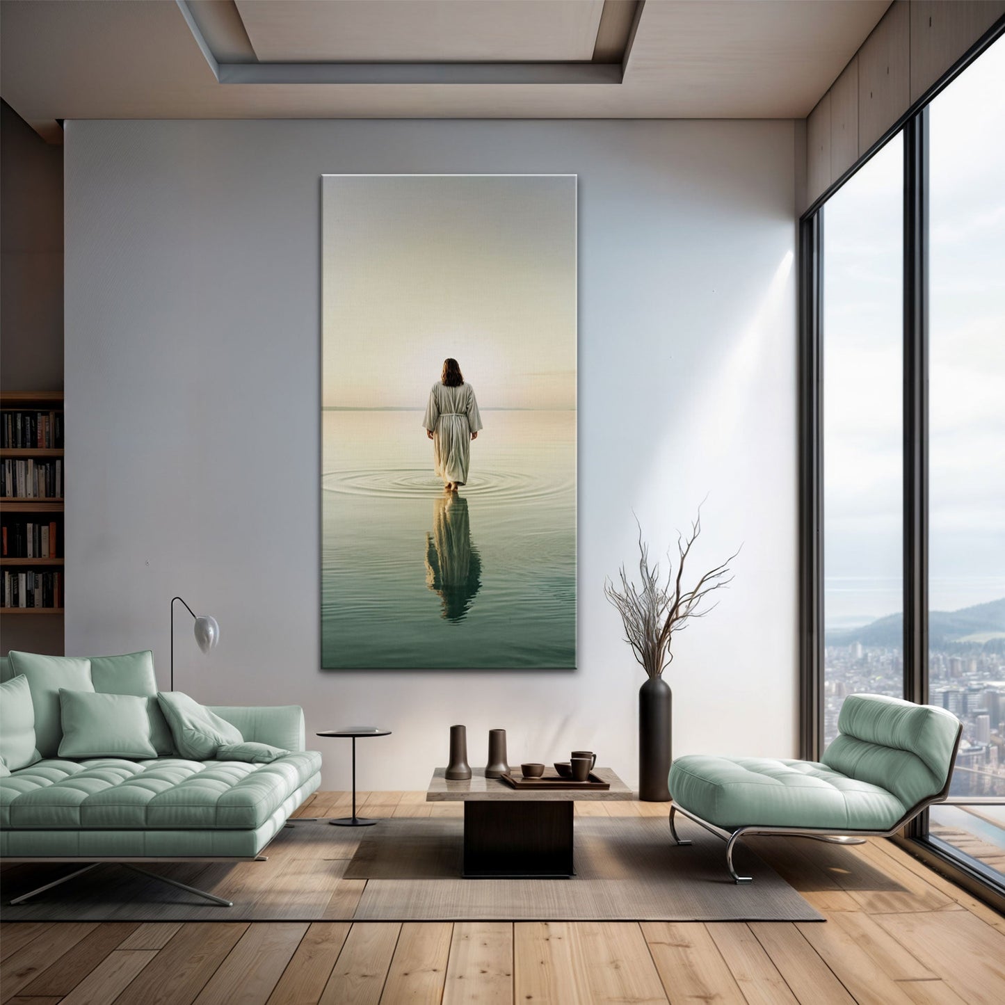 Reflections Faith Wall Art V canvas by Tailored Canvases, figure in robe at tranquil water on Tampa Home & Garden Store