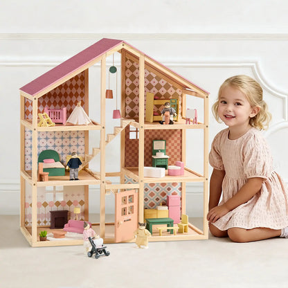 Dollhouse by Tiny Land: Pegasus Sweetwood wooden dollhouse with pastel pink roof and dolls on Tampa Home & Garden Store