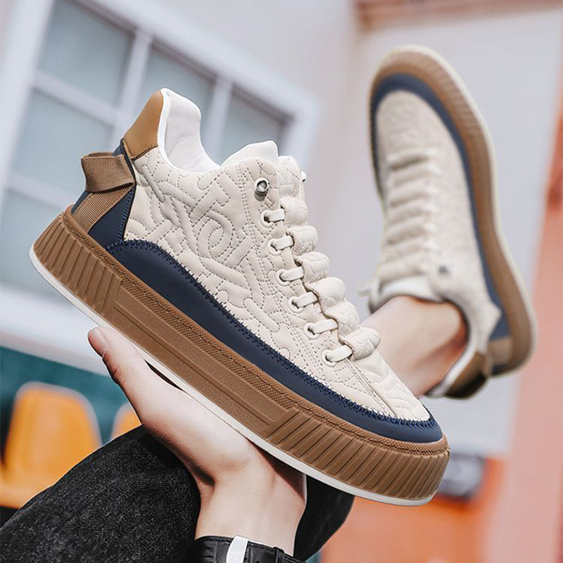 Stevvex men's quilted beige high-top sneakers with navy stripe and thick gum sole on Tampa Home & Garden Store