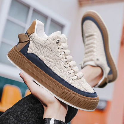 Stevvex men's quilted beige high-top sneakers with navy stripe and thick gum sole on Tampa Home & Garden Store