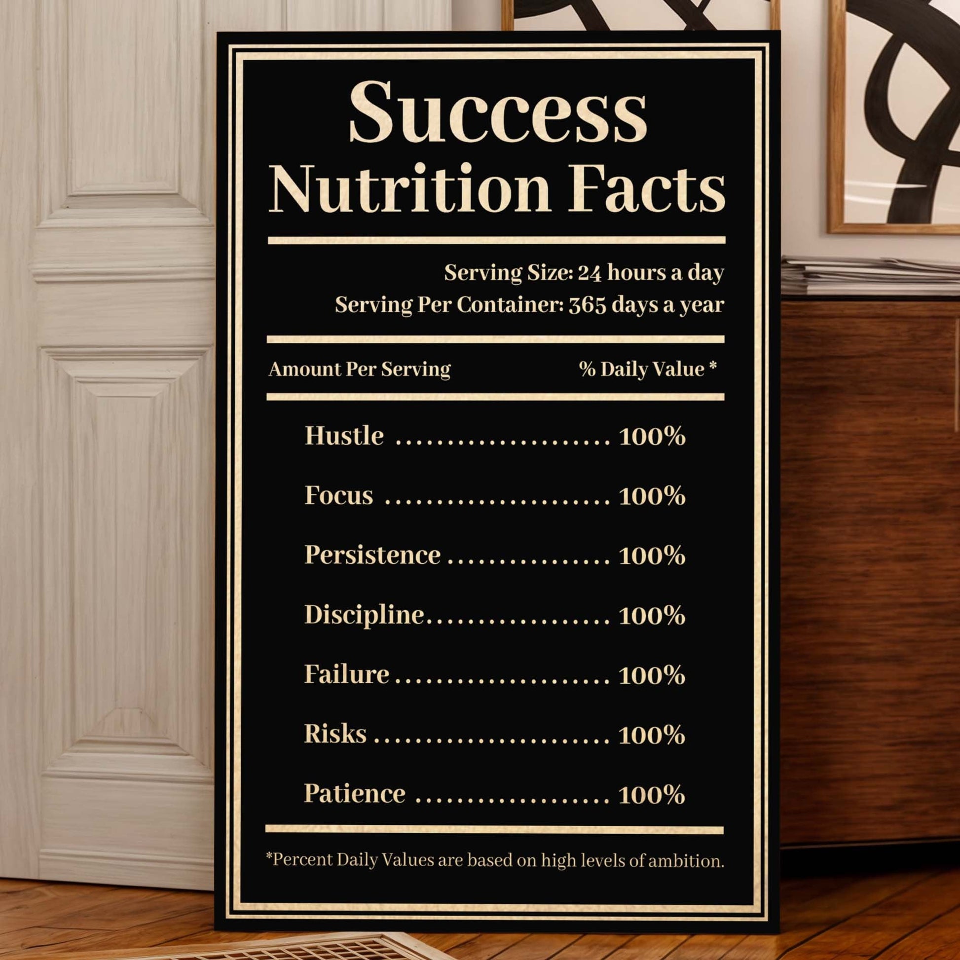 Canvas: Ingredients For Success Motivational Wall Sign with black background, cream serif text and bordered design on Tampa Home & Garden Store