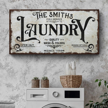 The Laundry Room Sign VII canvas by Tailored Canvases, crafting canvas with vintage typography The Smiths Full Service Laundry on Tampa Home & Garden Store