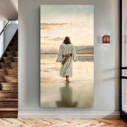 Reflections Faith XIV canvas by Tailored Canvases, figure in white robe walks on water at dawn on Tampa Home & Garden Store
