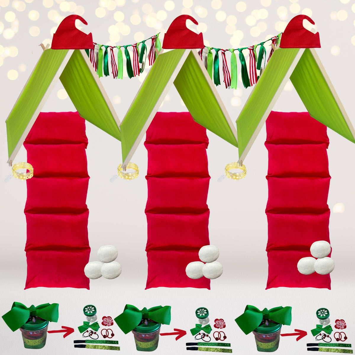 Little Elf Christmas Sleepover Set play tents (3) with red cushions and colorful garland on Tampa Home & Garden Store