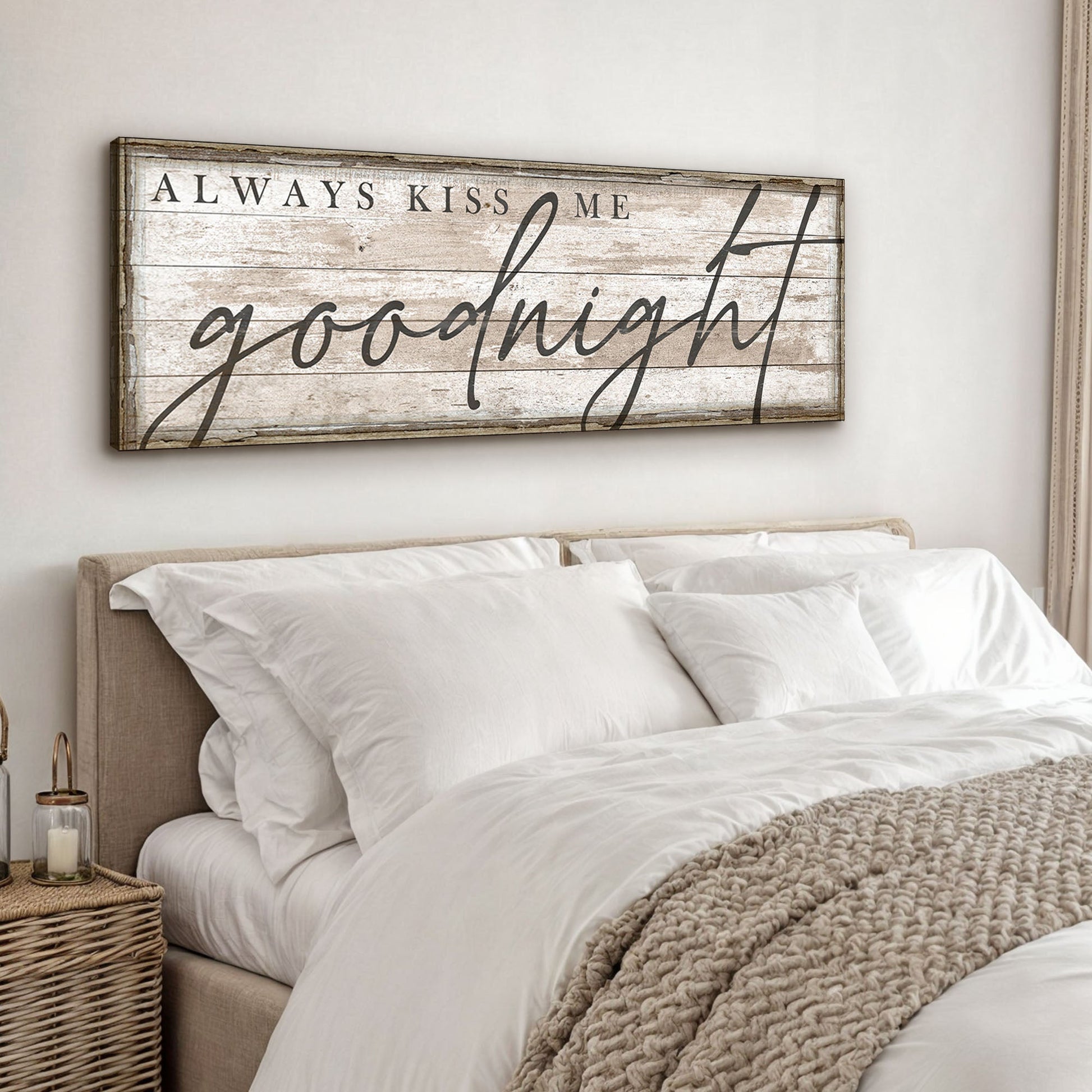 Always Kiss Me Goodnight canvas sign II by Tailored Canvases, rustic whitewashed wood panel on Tampa Home & Garden Store