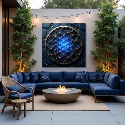 Flower Of Life Wall Art II canvas by Tailored Canvases; blue geometric design with gold ring on Tampa Home & Garden Store