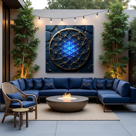 Flower Of Life Wall Art II canvas by Tailored Canvases; blue geometric design with gold ring on Tampa Home & Garden Store