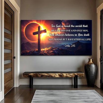John 3:16 faith sign canvas, crafting canvas by Tailored Canvases, cross sunrise scene on Tampa Home & Garden Store