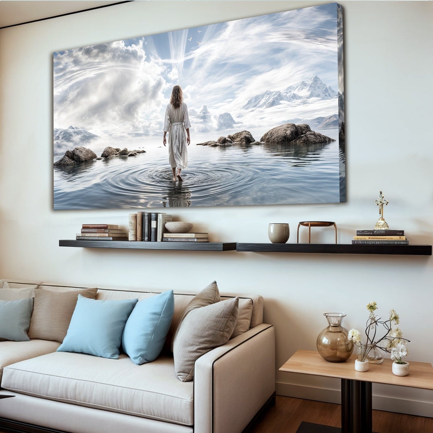 Canvas Reflections Faith Wall Art X by Tailored Canvases woman walks on water near mountains on Tampa Home & Garden Store
