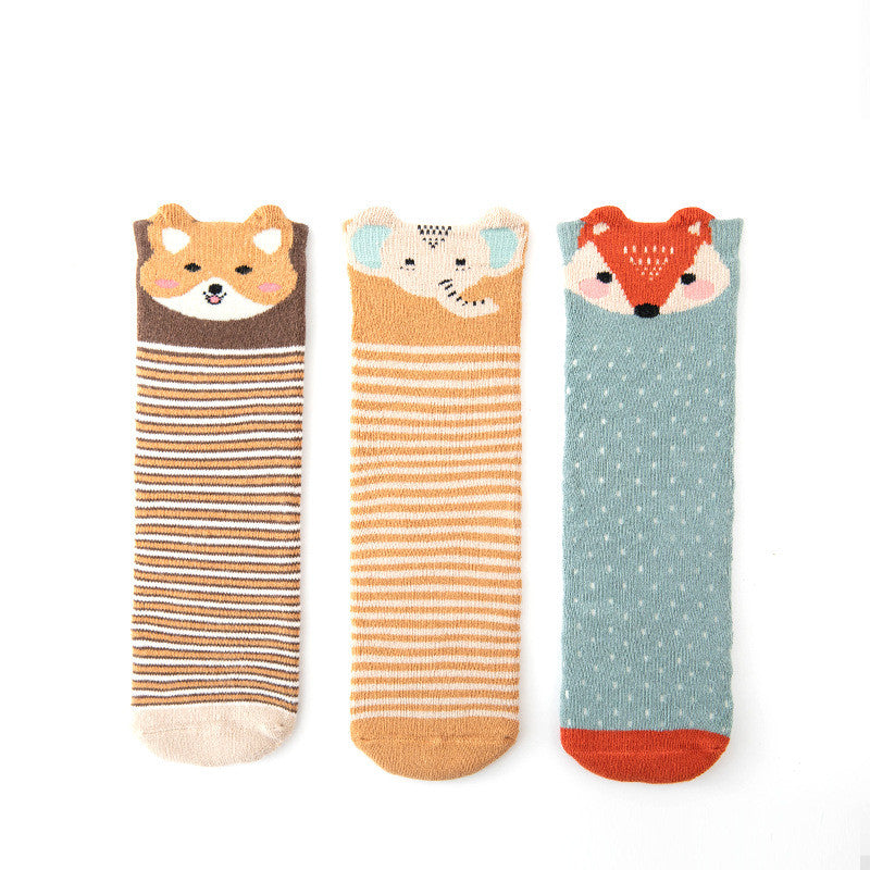 Unisex baby socks set, 3 pairs with animal-face cuffs: brown-striped, orange-striped, teal-dotted on Tampa Home & Garden Store