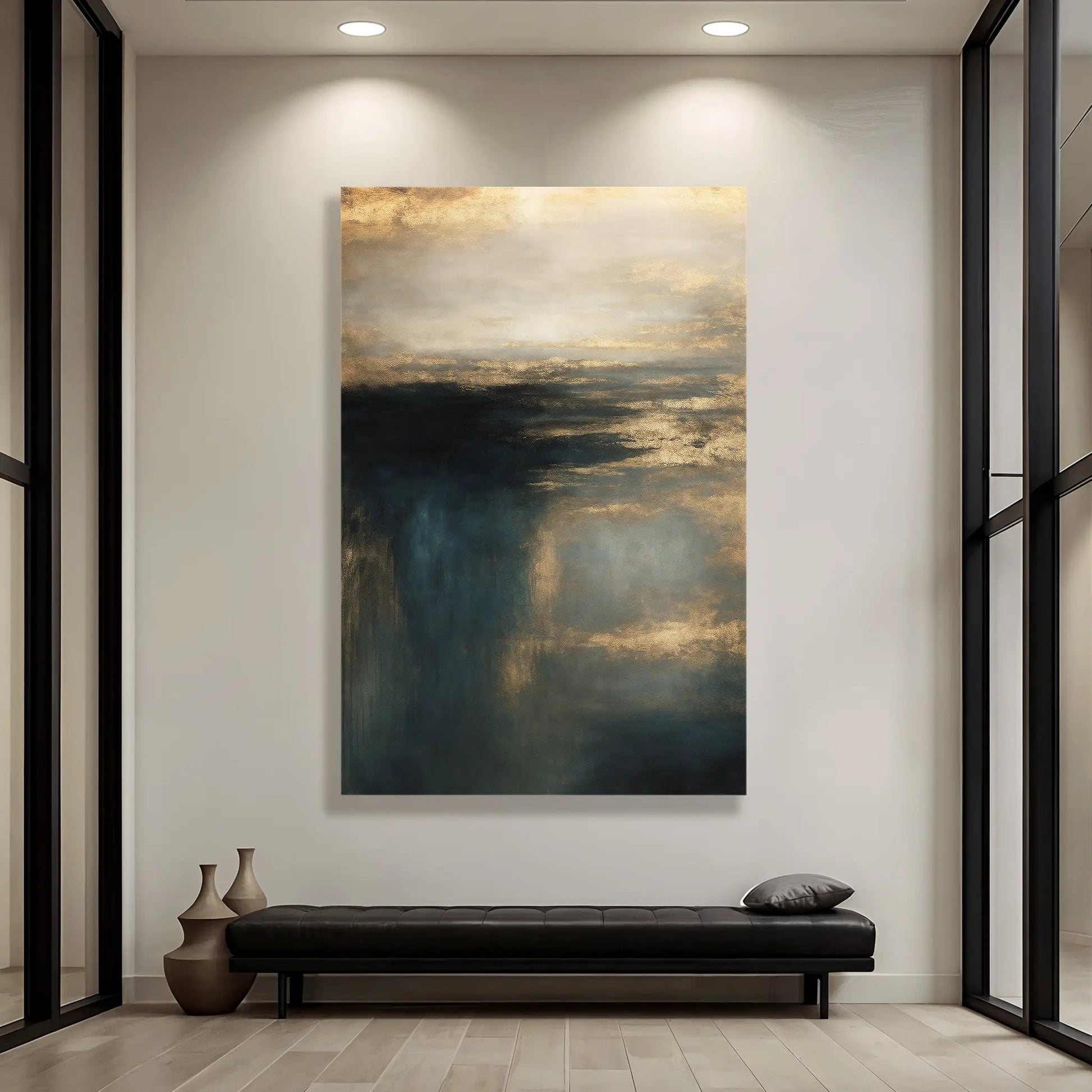 Cloudscape Glimmer Wall Art canvas with gold accents over moody blue-gray gradient on Tampa Home & Garden Store