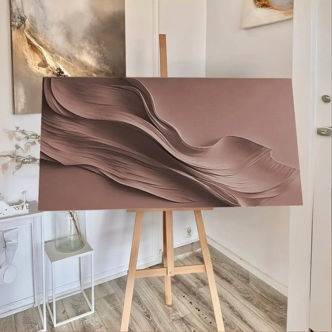 Warm terracotta minimalist canvas wall art on light wood easel Tailored Canvases on Tampa Home & Garden Store
