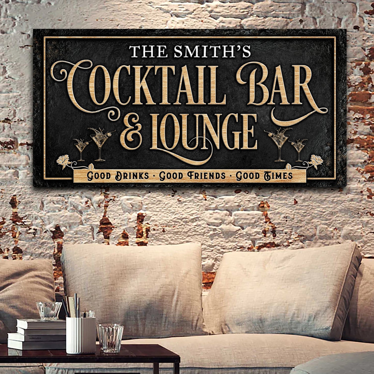 Cocktail Bar And Lounge sign canvas with black backdrop, gold text and martini glass accents on Tampa Home & Garden Store