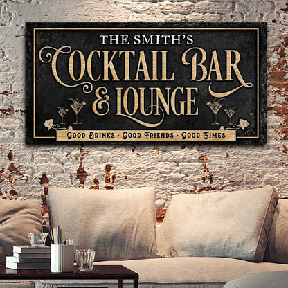 Cocktail Bar And Lounge sign canvas with black backdrop, gold text and martini glass accents on Tampa Home & Garden Store