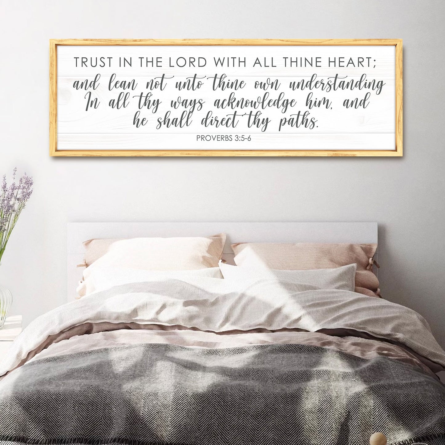 Proverbs 3:5-6 Faith Sign canvas wall art with white wooden planks and light wood frame on Tampa Home & Garden Store