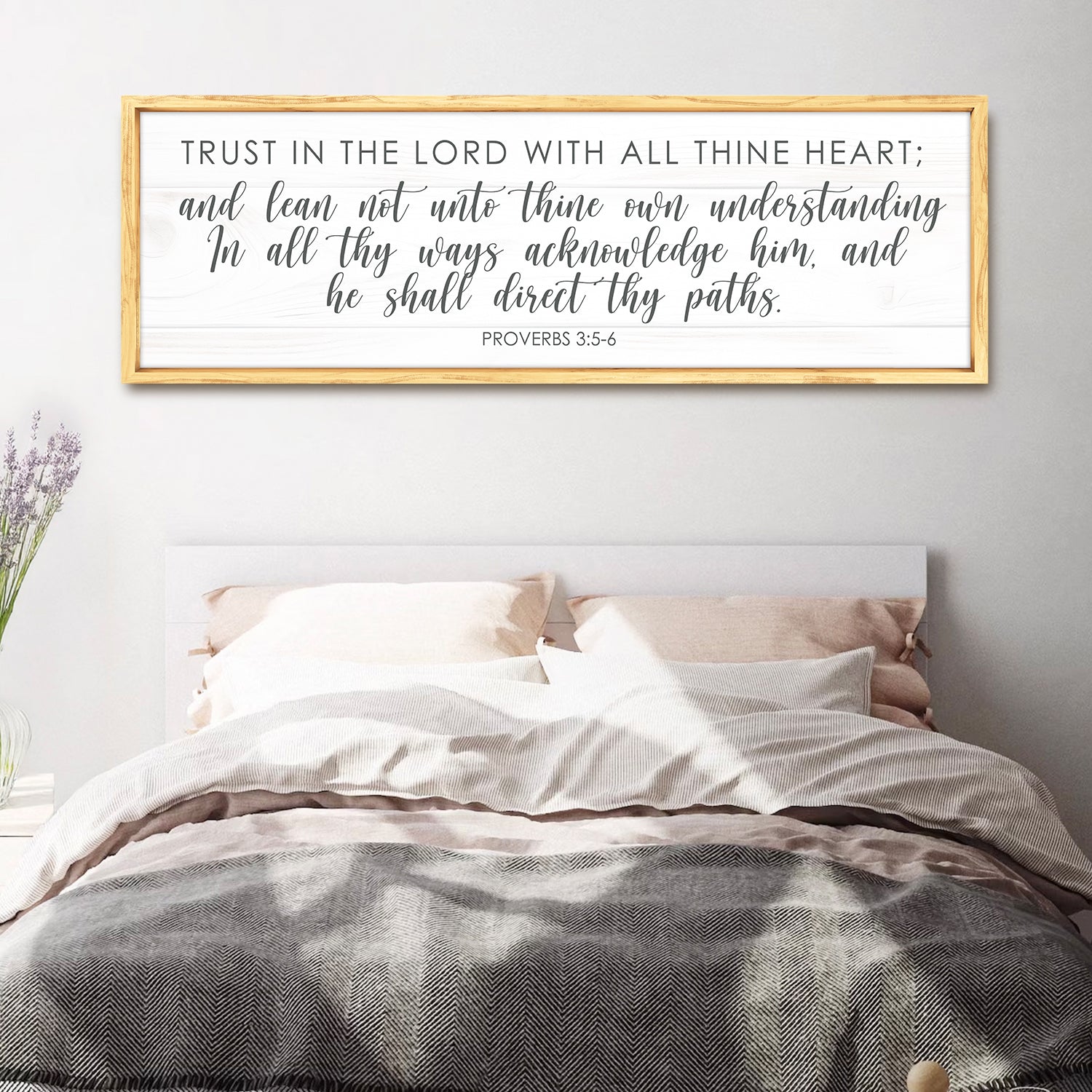 Proverbs 3:5-6 Faith Sign canvas wall art with white wooden planks and light wood frame on Tampa Home & Garden Store