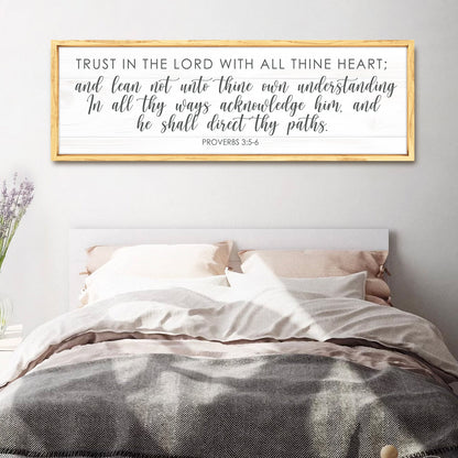 Proverbs 3:5-6 Faith Sign canvas wall art with white wooden planks and light wood frame on Tampa Home & Garden Store