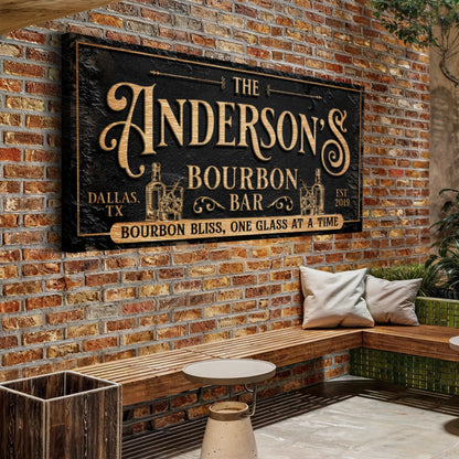 Personalized Bourbon Bar Sign III canvas by Tailored Canvases in black with gold lettering on Tampa Home & Garden Store