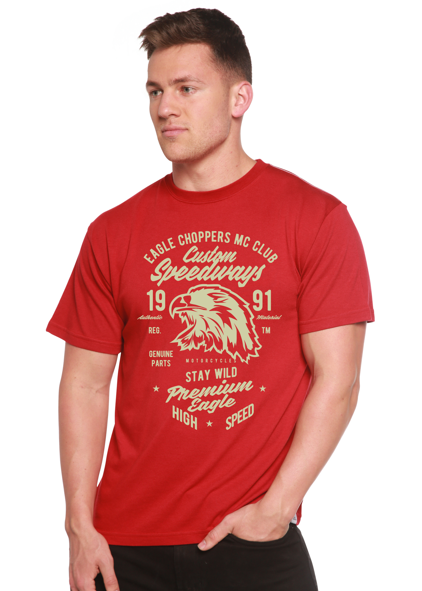 Men's red Custom Speedways Eagle graphic T-shirt in bamboo viscose/organic cotton on Tampa Home & Garden Store