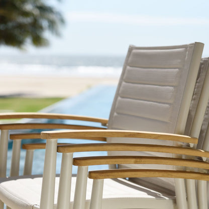 Portals Light Lite 2pc stacking outdoor chairs LifestyleGarden fabric seats with wood arms on Tampa Home & Garden Store