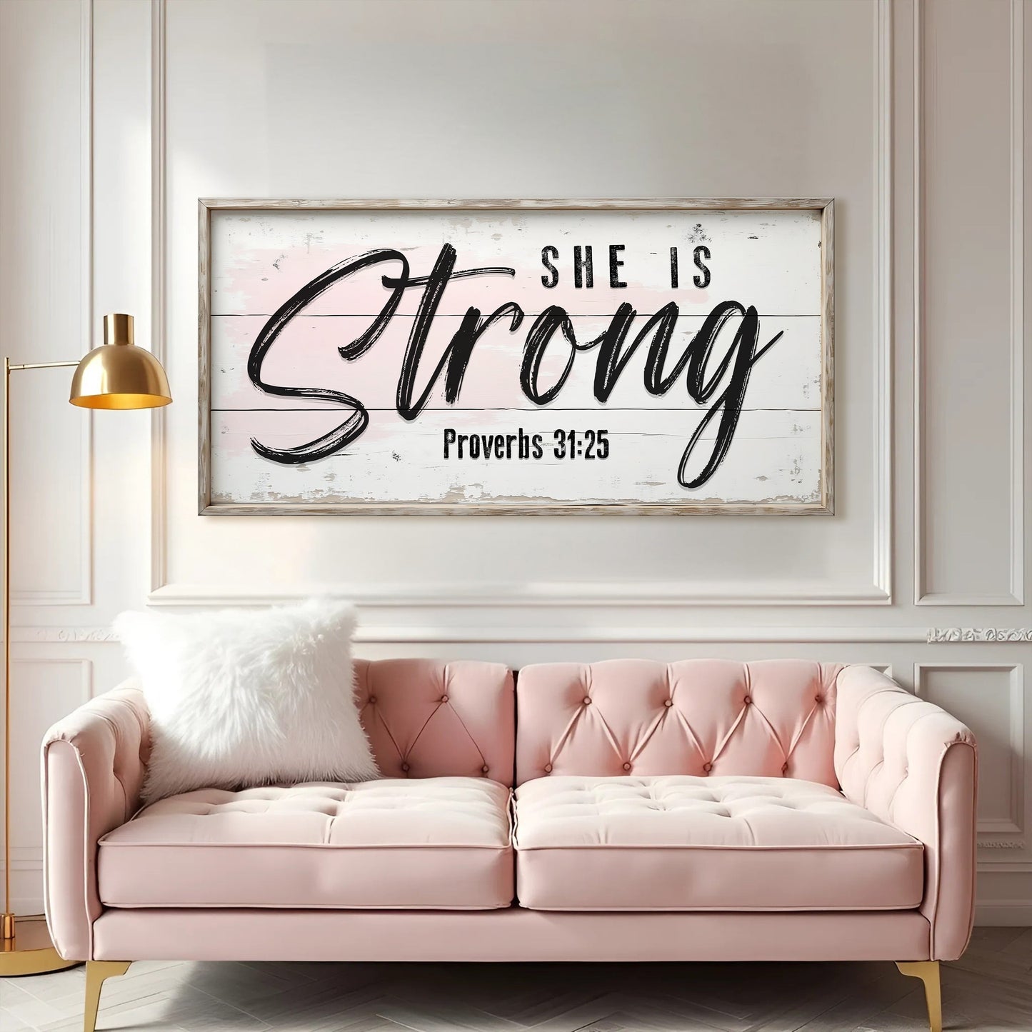 Canvas sign She Is Strong Proverbs 31:25 by Tailored Canvases; pink-white rustic frame on Tampa Home & Garden Store