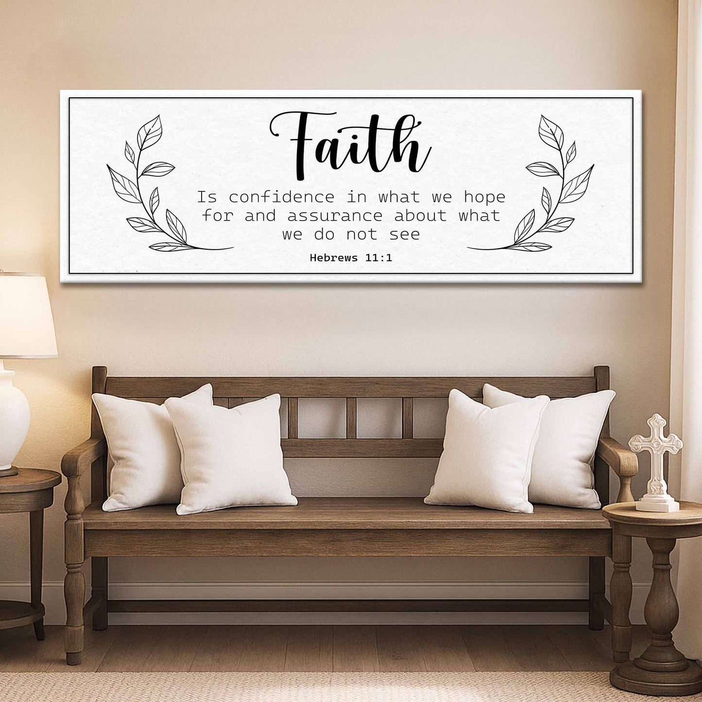 Faith Is Confidence Hebrews 11:1 Faith Sign canvas with black typography and leafy border on crafting canvas on Tampa Home & Garden Store