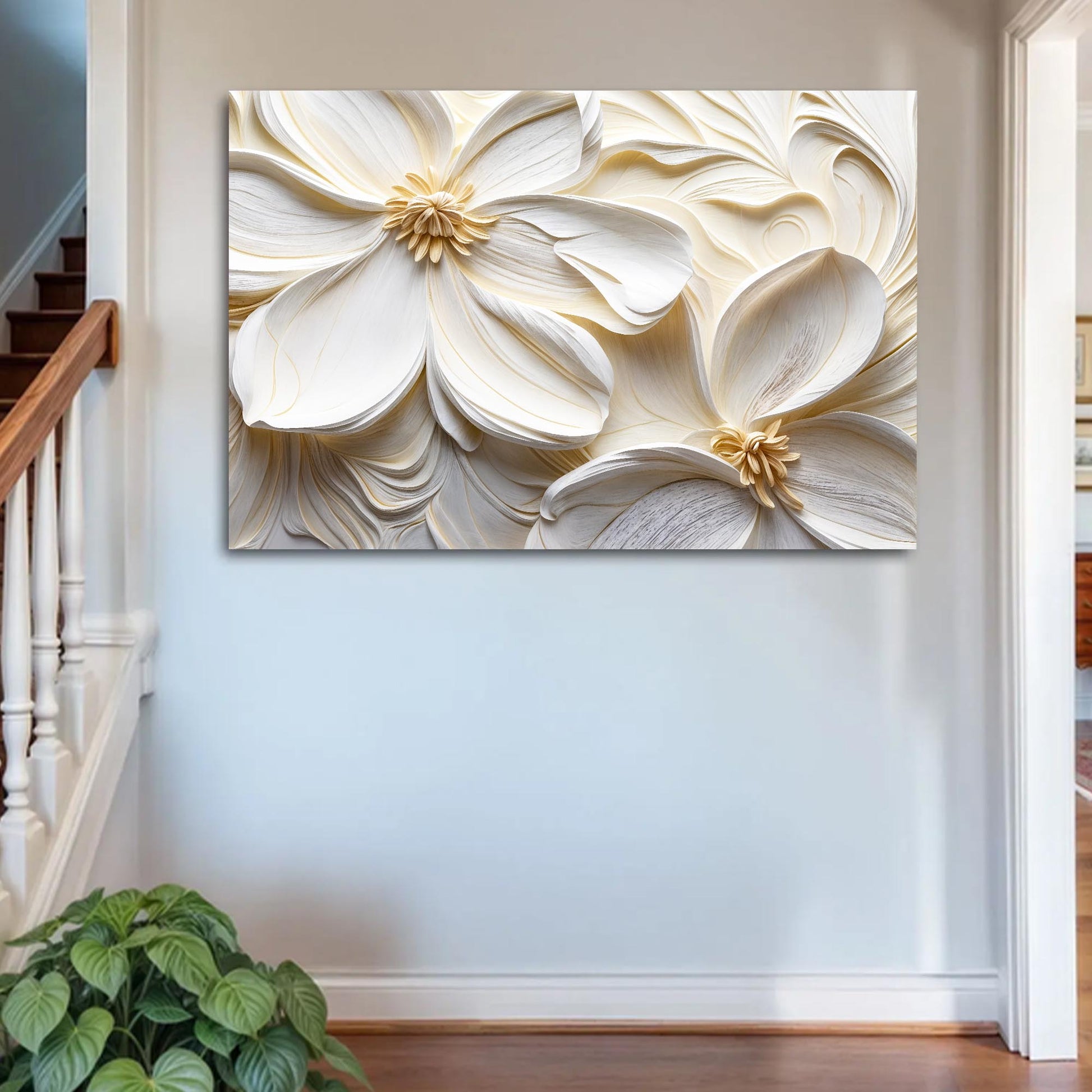 3D Minimalist Flower Wall Art II canvas by Tailored Canvases, cream ivory petals on Tampa Home & Garden Store